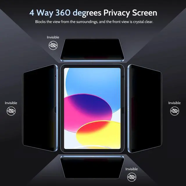 Alt view image 2 of 5 - Peslv 4 Way Magnetic Privacy Screen Protector for iPad 10th Gen 2022 (10.9 Inch), Removable 360 Degree Spy Private Black Security Filter, Anti Blue Light Glare High Sensitive Bubble-Free Easy Install