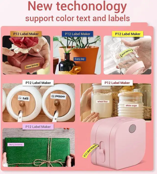 Alt view image 3 of 5 - Phomemo Label Maker Machine - Label Maker Machine with Tape P12, Small Label Printer Compatible with Multiple Color Label Tapes, Mini Bluetooth Label Printer Compatible with iOS Andriod, with 4 Tapes