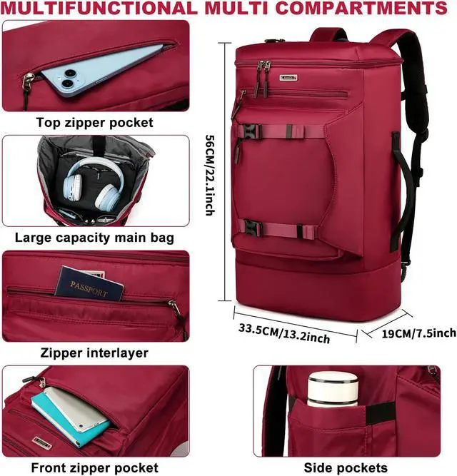 Alt view image 2 of 5 - Asenlin Travel Backpack for Women Men,40L Extra Large Hiking Backpack 17 Inch Carry on Backpack Water Resistant for Casual Daypack Gym Backpack-Red