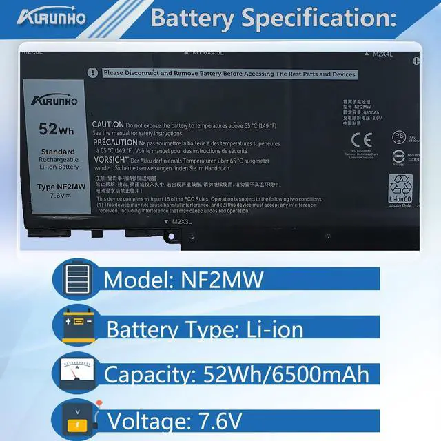 Alt view image 2 of 5 - AURUNHO NF2MW 52Wh Laptop Battery Replacement for Dell Latitude 7400 2-in-1 Latitude 9410 2-in-1 Series Notebook P110G P110G001 7146W 08W3YY 085XM8 C76H7 0C76H7 0G8F6M 7.6V 52Wh 6500mAh 4-Cell