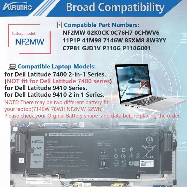 Alt view image 4 of 5 - AURUNHO NF2MW 52Wh Laptop Battery Replacement for Dell Latitude 7400 2-in-1 Latitude 9410 2-in-1 Series Notebook P110G P110G001 7146W 08W3YY 085XM8 C76H7 0C76H7 0G8F6M 7.6V 52Wh 6500mAh 4-Cell