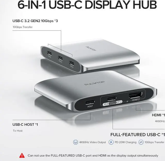 Alt view image 2 of 5 - PULWTOP 6-in-1 USB C Hub with 4K HDMI,3 USBC 10 Gbps Data Ports, Full-Featured USB-C100W Power Delivery+10 Gbps Data Ports+4K DP