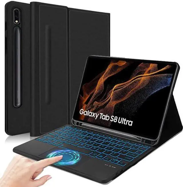 Main image of QYiiD Backlit Touchpad Keyboard Case for Galaxy Tab S10 Ultra/S9 Ultra/S8 Ultra, PU Leather Stand Cover with S Pen Holder & 7 Colors Backlight Keyboard for 14.6" Tab S8/S9/S10 Ultra, Black