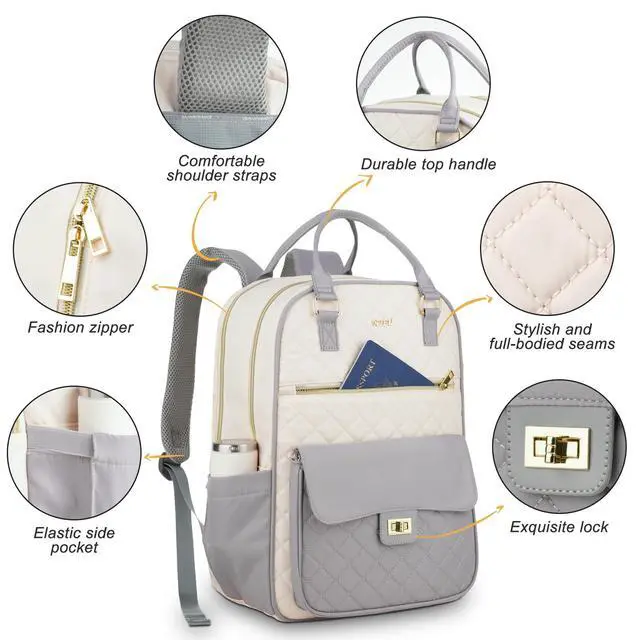 Alt view image 3 of 5 - RJEU Teen Girls School Backpack,15.6in Laptop Bag for Women,Big Schoolbag for Travel Work Nurse Teacher Uni,Gray-Beige