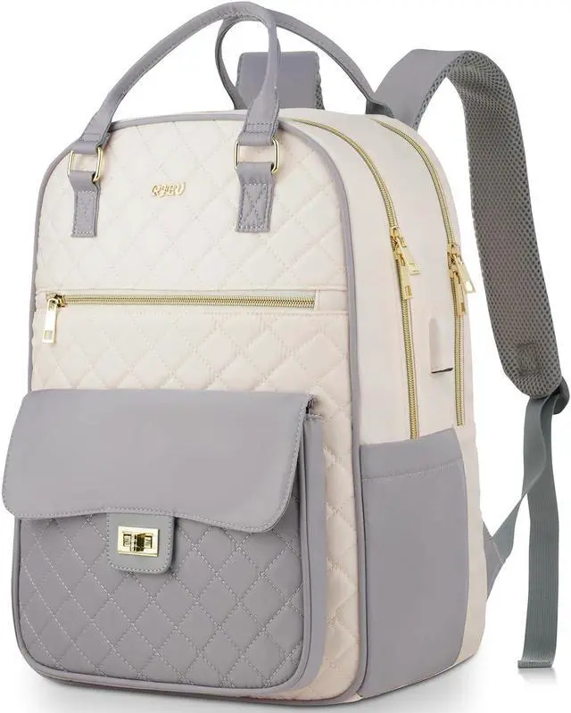 Main image of RJEU Teen Girls School Backpack,15.6in Laptop Bag for Women,Big Schoolbag for Travel Work Nurse Teacher Uni,Gray-Beige