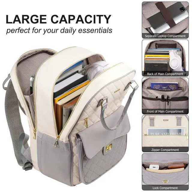 Alt view image 2 of 5 - RJEU Teen Girls School Backpack,15.6in Laptop Bag for Women,Big Schoolbag for Travel Work Nurse Teacher Uni,Gray-Beige