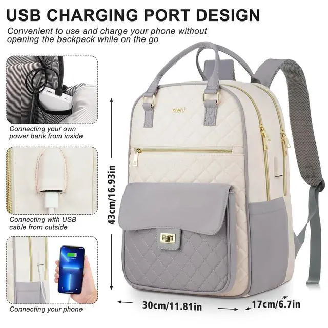 Alt view image 4 of 5 - RJEU Teen Girls School Backpack,15.6in Laptop Bag for Women,Big Schoolbag for Travel Work Nurse Teacher Uni,Gray-Beige