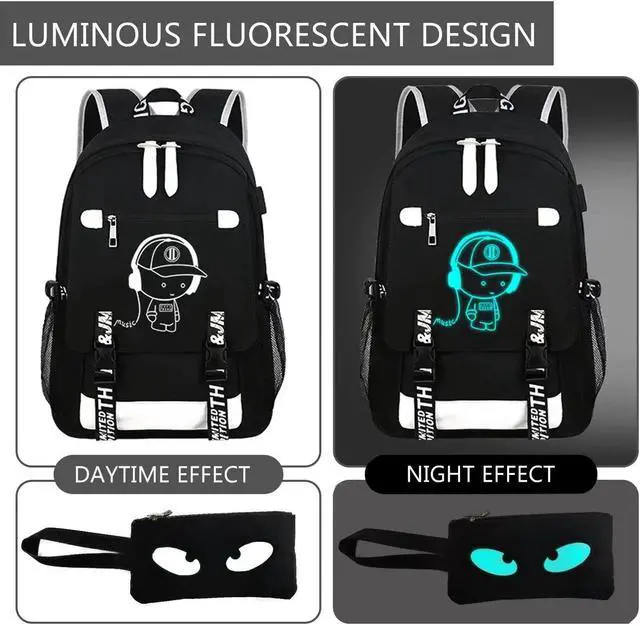 Alt view image 4 of 5 - RM Family School Backpack for Boys Print Backpack Teenagers Anime Large School Bag Outdoor Reflective Daypack.Luminous Pattern Travel Laptop Backpack - With Usb Charging Port Headphone port