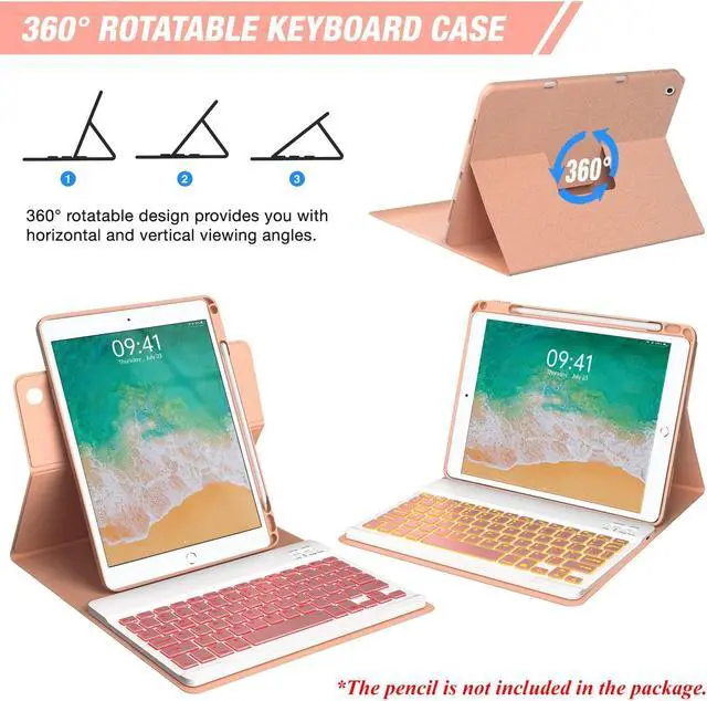 Alt view image 3 of 5 - Keyboard Case for iPad 9.7 inch 5th 6th Generation,360° Rotatable iPad Air 2 Keyboard Case with Pencil Holder(2018/2017/2014),7 Color Backlit Bluetooth Keyboard Smart Folio Tablet Cover(Rose Gold)