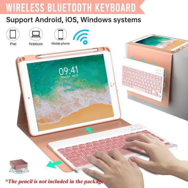 Alt view image 4 of 5 - Keyboard Case for iPad 9.7 inch 5th 6th Generation,360° Rotatable iPad Air 2 Keyboard Case with Pencil Holder(2018/2017/2014),7 Color Backlit Bluetooth Keyboard Smart Folio Tablet Cover(Rose Gold)