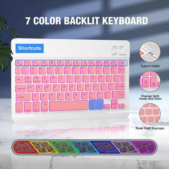 Alt view image 5 of 5 - Keyboard Case for iPad 9.7 inch 5th 6th Generation,360° Rotatable iPad Air 2 Keyboard Case with Pencil Holder(2018/2017/2014),7 Color Backlit Bluetooth Keyboard Smart Folio Tablet Cover(Rose Gold)