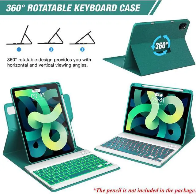 Alt view image 3 of 5 - Keyboard case for ipad Air 11 inch(M2 2024)/10.9 Inch Air 5th 4th Generation & iPad Pro 11 inch (1st/2nd/3rd/4th Gen) 360deg rotational case Folio Cover with Pencil Holder - Backlit Detachable-(Teal)