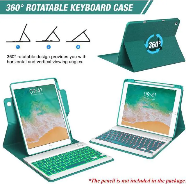 Alt view image 3 of 5 - Keyboard Case for iPad 9.7 inch 5th 6th Generation,iPad Air 2 360deg Rotatable Keyboard Case with Pencil Holder(2018/2017/2014),7 Color Backlit Removable Bluetooth Keyboard Smart Folio Cover(Teal)