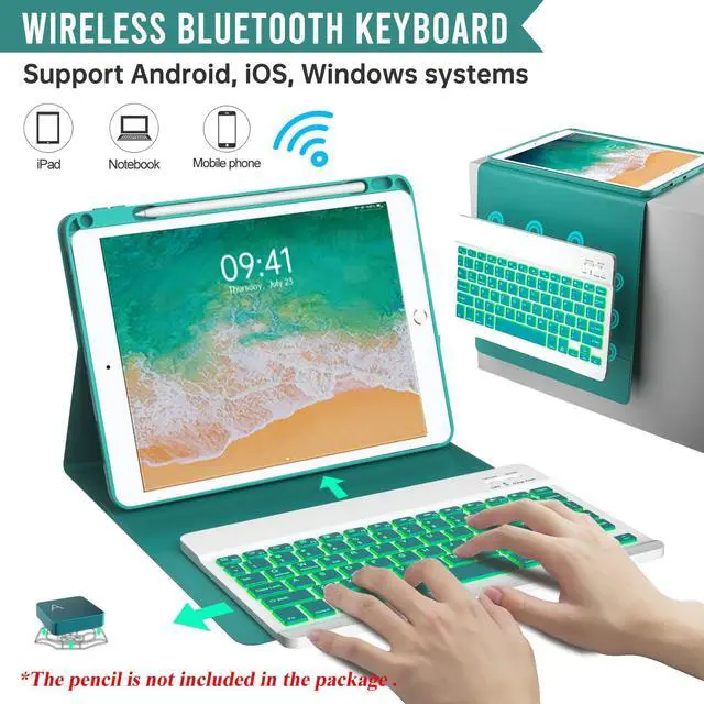 Alt view image 5 of 5 - Keyboard Case for iPad 9.7 inch 5th 6th Generation,iPad Air 2 360deg Rotatable Keyboard Case with Pencil Holder(2018/2017/2014),7 Color Backlit Removable Bluetooth Keyboard Smart Folio Cover(Teal)
