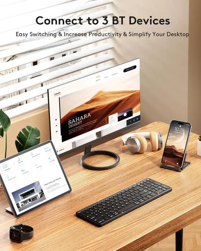 Alt view image 2 of 5 - Foldable Bluetooth Keyboard with Numeric Keypad, Samsers Full-Size Wireless Folding Keyboard with PU Leather, Portable Travel Keyboard for iOS Android Windows Mac OS, Support 3 Device(BT5.1 x 3)-Black