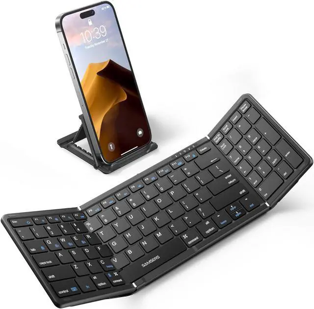 Main image of Foldable Bluetooth Keyboard with Numeric Keypad, Samsers Full-Size Wireless Folding Keyboard with PU Leather, Portable Travel Keyboard for iOS Android Windows Mac OS, Support 3 Device(BT5.1 x 3)-Black