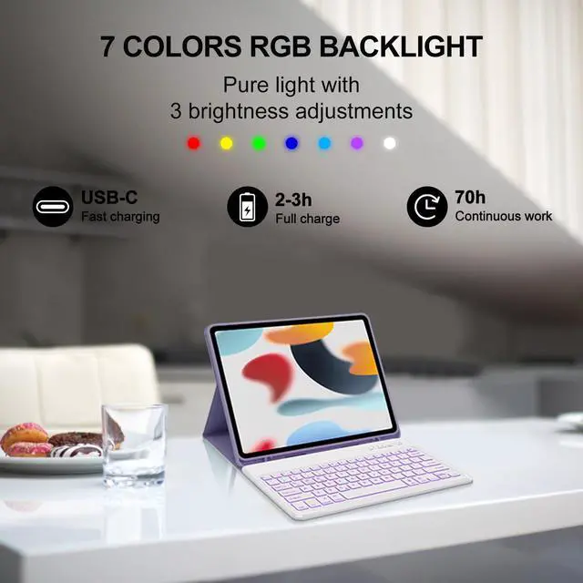Alt view image 3 of 5 - SENGBIRCH Keyboard Case for iPad Air 13 (M3/M2), Keyboard for iPad Pro 12.9 inch Case 3/4/5/6th Gen,Smart Cover for Air 13 Key Board with Pen Holder, 7 Colors Backlit, Detachable Keypad, Grey Purple