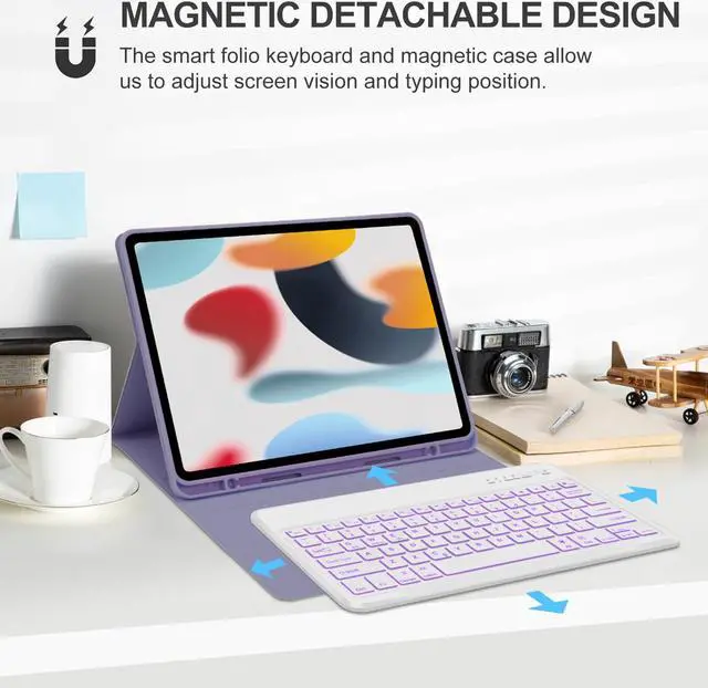 Alt view image 4 of 5 - SENGBIRCH Keyboard Case for iPad Air 13 (M3/M2), Keyboard for iPad Pro 12.9 inch Case 3/4/5/6th Gen,Smart Cover for Air 13 Key Board with Pen Holder, 7 Colors Backlit, Detachable Keypad, Grey Purple