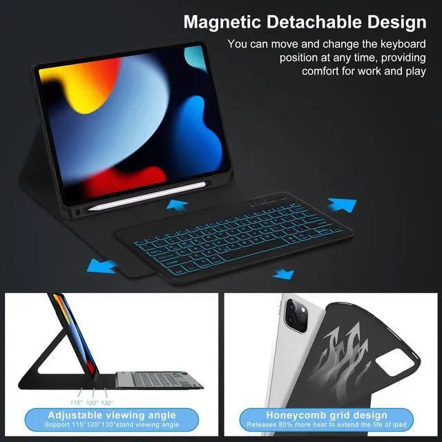 Alt view image 5 of 5 - Keyboard Case for iPad Pro 12.9-inch - 3rd, 4th, 5th, 6th Gen (2018~2022), Magic Keyboard for iPad Air 13 inch M3/M2, 7 Colors Backlit, Bluetooth Detachable Keypad Folio with Pencil Holder, Black