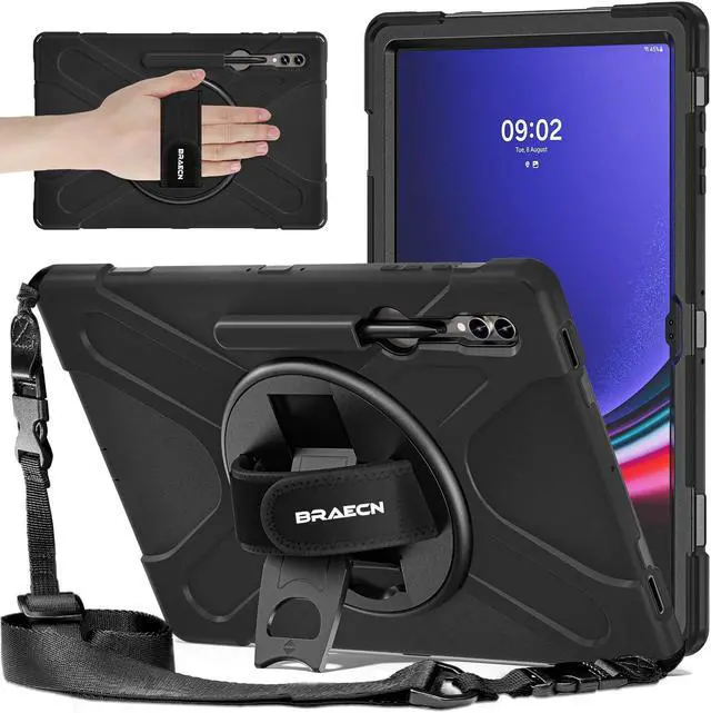 Main image of BRAECNstock for Samsung Galaxy Tab S10 Ultra/S9 Ultra/S8 Ultra Case 14.6" 2024/2023/2022 Shockporoof Samsung Tablet 14.6 inch Case with Pencil Holder Rotating Hand Strap & Stand Shoulder Strap - Black