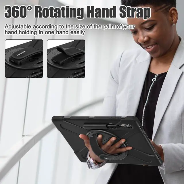 Alt view image 4 of 5 - BRAECNstock for Samsung Galaxy Tab S10 Ultra/S9 Ultra/S8 Ultra Case 14.6" 2024/2023/2022 Shockporoof Samsung Tablet 14.6 inch Case with Pencil Holder Rotating Hand Strap & Stand Shoulder Strap - Black