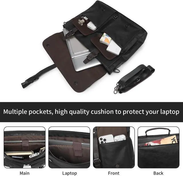Alt view image 2 of 5 - Leather Messenger Bag for Men,15.6 Inch Vintage Mens Laptop Bag Water Resistant Business Travel Briefcase Satchel Work Computer Bag Black