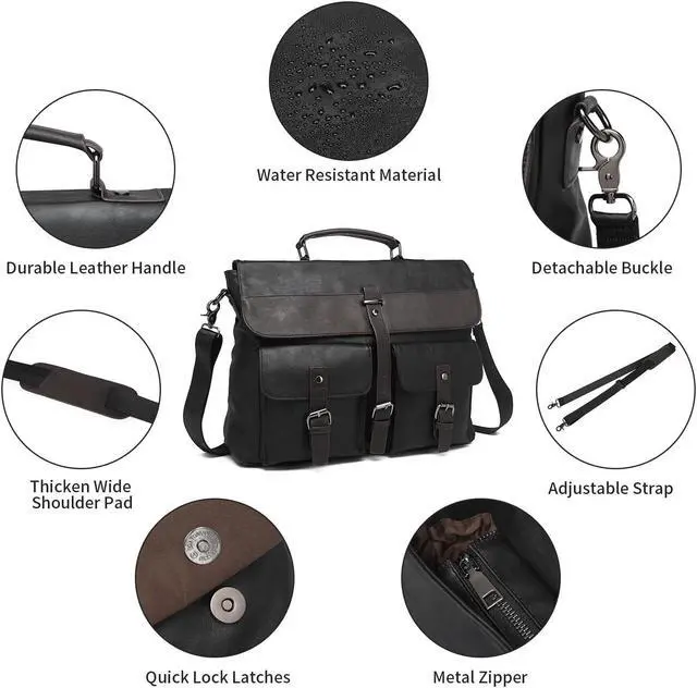 Alt view image 3 of 5 - Leather Messenger Bag for Men,15.6 Inch Vintage Mens Laptop Bag Water Resistant Business Travel Briefcase Satchel Work Computer Bag Black