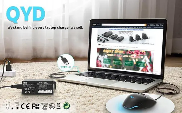 Alt view image 2 of 5 - QYD 65W USB C Laptop Charger for Dell XPS 12 9250 Dell XPS 13 9305 9360 9350 9343 3943 9380, 9315 2-in-1, 9365 2-in-1, 9300 9370 Venue 11 Pro Tablet Vostro 13 5310 5320 Type-C Power Adaper Supply