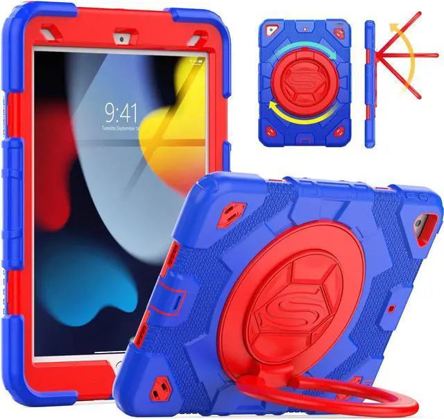 Main image of SEYMAC stock Case for iPad 9th/ 8th/ 7th Generation 10.2 inch (2019-2021), Heavy Duty Shockproof Case with Screen Protector, 360 Rotating Handle Stand, Shoulder Strap, Pencil Holder,Blue+Red