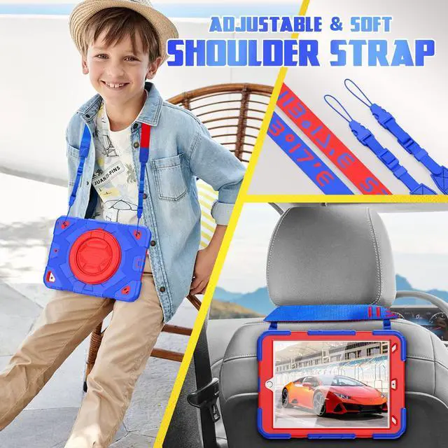 Alt view image 4 of 5 - SEYMAC stock Case for iPad 9th/ 8th/ 7th Generation 10.2 inch (2019-2021), Heavy Duty Shockproof Case with Screen Protector, 360 Rotating Handle Stand, Shoulder Strap, Pencil Holder,Blue+Red