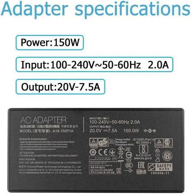 Alt view image 4 of 5 - 150W AC Charger Compatible with Asus A17-120P2A ADP-120CD B A18-150P1A Zenbook Pro 15 Flip OLED Q529 Q529Z Q529ZA Q539ZA Q539Z Q539ZD UP6502 UP6502Z A571GT X571GD NX571GT RX571GT