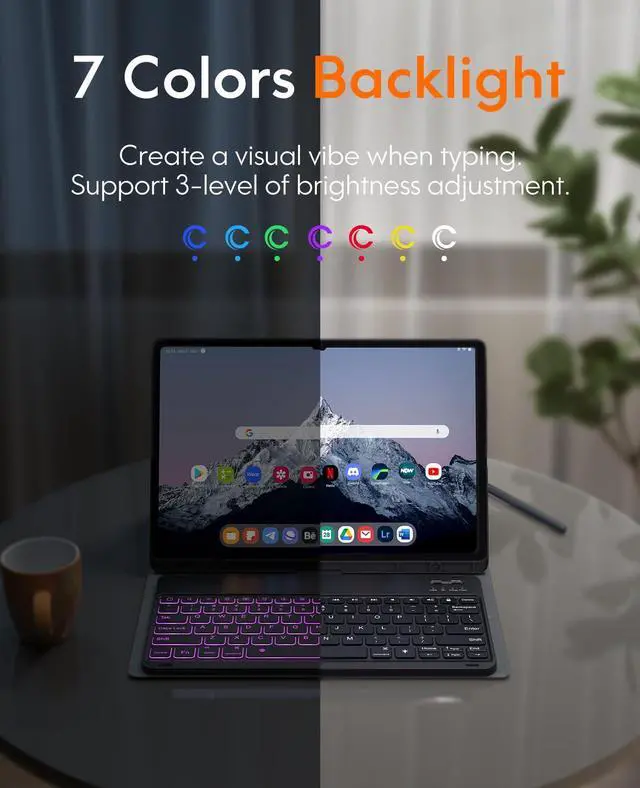 Alt view image 3 of 5 - CHESONA Keyboard Case for Samsung Galaxy Tab S10+/S9 FE+/S9+ 12.4, 7-Color Backlit Keyboard with S Pen Holder, Magnetic Detachable Wireless Keyboard & Slim Cover for S9 Plus/S9 FE Plus 2023, Black
