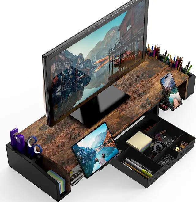 Alt view image 2 of 5 - Simple Houseware Desk Dual Monitor Stand Riser with Drawer, Rustic Brown