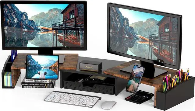 Main image of Simple Houseware Desk Dual Monitor Stand Riser with Drawer, Rustic Brown