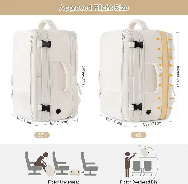Alt view image 2 of 5 - Sinaliy Travel Backpack for Women, Expandable 40L Carry on Flight Approved Backpack, 17 Inch Laptop Waterproof Travel Bag for College, Travel, Work, Beige