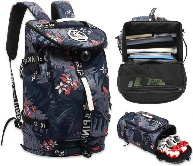 Alt view image 2 of 5 - Floral gym duffel bag backpack, fashion wrestling bag,with shoe compartment, 4 kinds of back method waterproof travel sports walking laptop Lightweight (A-Floral Blue)