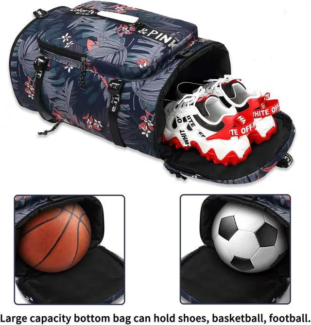 Alt view image 4 of 5 - Floral gym duffel bag backpack, fashion wrestling bag,with shoe compartment, 4 kinds of back method waterproof travel sports walking laptop Lightweight (A-Floral Blue)