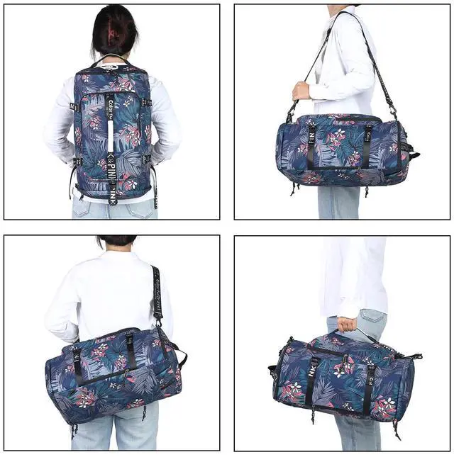 Alt view image 5 of 5 - Floral gym duffel bag backpack, fashion wrestling bag,with shoe compartment, 4 kinds of back method waterproof travel sports walking laptop Lightweight (A-Floral Blue)