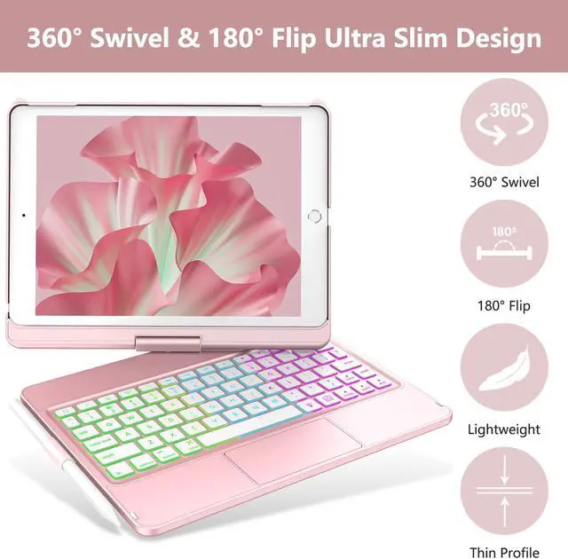 Alt view image 3 of 5 - COO iPad Keyboard Case for iPad 10.2" 9th/8th/7th Gen, iPad Air 10.5"(3rd Gen)/iPad Pro 10.5 in, Backlit 10 Color 360 Screen Rotation iPad Case with Keyboard, Auto Sleep/Wake - Rose Gold