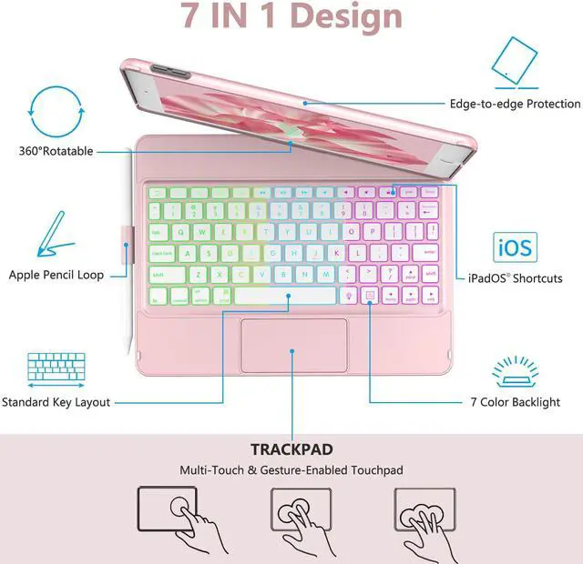 Alt view image 4 of 5 - COO iPad Keyboard Case for iPad 10.2" 9th/8th/7th Gen, iPad Air 10.5"(3rd Gen)/iPad Pro 10.5 in, Backlit 10 Color 360 Screen Rotation iPad Case with Keyboard, Auto Sleep/Wake - Rose Gold
