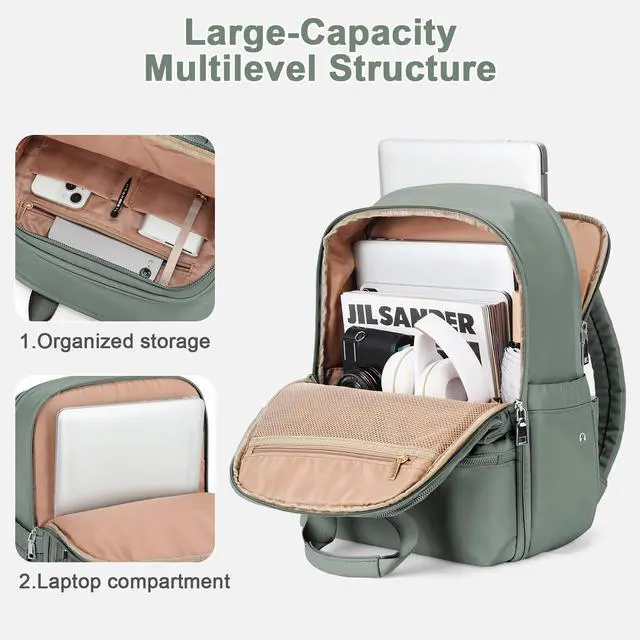 Alt view image 4 of 5 - suratio Travel Backpack Carry On Flight Approved Small Travel Backpack For Women Carry On Backpack Personal Item Travel Bag Laptop Teacher Backpack Work Backpack For Traveling On Airplane Army Green