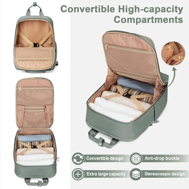 Alt view image 5 of 5 - suratio Travel Backpack Carry On Flight Approved Small Travel Backpack For Women Carry On Backpack Personal Item Travel Bag Laptop Teacher Backpack Work Backpack For Traveling On Airplane Army Green