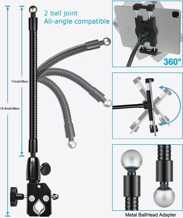 Alt view image 5 of 5 - Gooseneck Metal Spin Bike Tablet Holder Mount, Indoor Handlebar iPad Holder for Treadmill, Exercise Bike, Stationary Bicycle, Peloton, Elliptical for iPad Pro 12.9 Air Mini, Galaxy Tabs, Phones(4-13")
