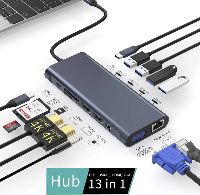 Alt view image 2 of 5 - USB C Docking Station Hub (13 -in-1) with 2 X 4K HDMI, Ethernet, VGA,Audio, USB3.0 TF/SD Dongle Docking Station Compatible for MacBook iPad Pro Dell Hp Lenovo