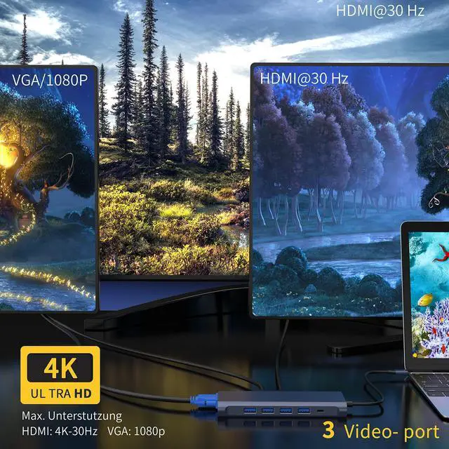 Alt view image 4 of 5 - USB C Docking Station Hub (13 -in-1) with 2 X 4K HDMI, Ethernet, VGA,Audio, USB3.0 TF/SD Dongle Docking Station Compatible for MacBook iPad Pro Dell Hp Lenovo