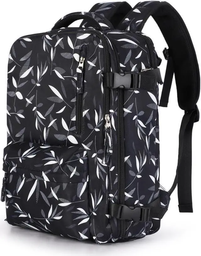 Main image of Large Travel Women Carry On Backpack,Hiking, Waterproof Outdoor Sports Rucksack Casual Daypack Fit 14 Inch Laptop with USB Charging Port Shoes Compartment, Leaves Black