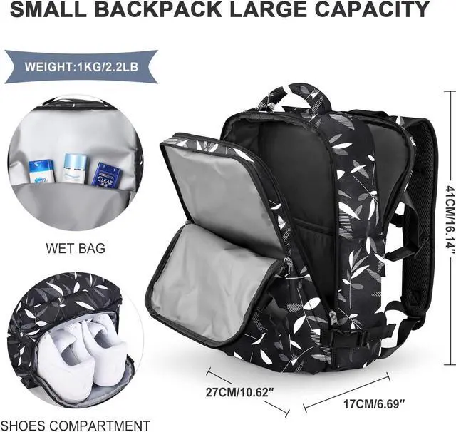 Alt view image 2 of 5 - Large Travel Women Carry On Backpack,Hiking, Waterproof Outdoor Sports Rucksack Casual Daypack Fit 14 Inch Laptop with USB Charging Port Shoes Compartment, Leaves Black