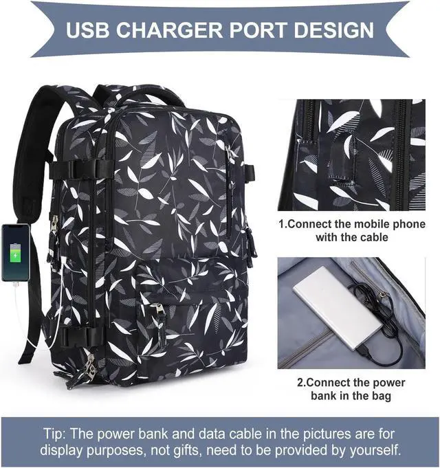 Alt view image 3 of 5 - Large Travel Women Carry On Backpack,Hiking, Waterproof Outdoor Sports Rucksack Casual Daypack Fit 14 Inch Laptop with USB Charging Port Shoes Compartment, Leaves Black