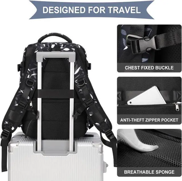 Alt view image 4 of 5 - Large Travel Women Carry On Backpack,Hiking, Waterproof Outdoor Sports Rucksack Casual Daypack Fit 14 Inch Laptop with USB Charging Port Shoes Compartment, Leaves Black