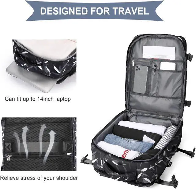 Alt view image 5 of 5 - Large Travel Women Carry On Backpack,Hiking, Waterproof Outdoor Sports Rucksack Casual Daypack Fit 14 Inch Laptop with USB Charging Port Shoes Compartment, Leaves Black